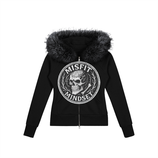 Misfit Mindset Fallen Angel Hoodie - Gothic full-zip hoodie with fur-trimmed hood