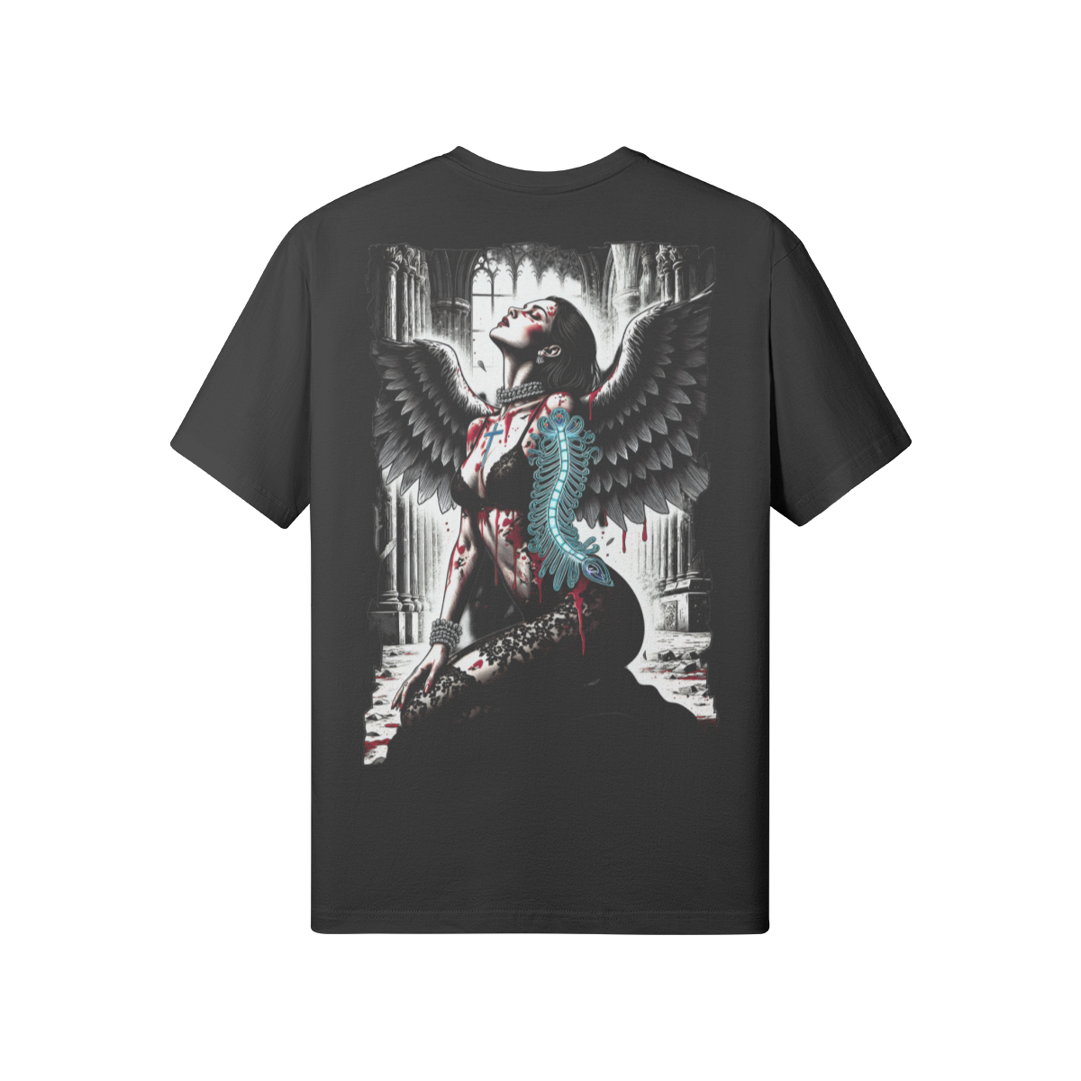 Misfit Mindset Cathedral Tee - Dark angel kneeling in gothic cathedral on black t-shirt
