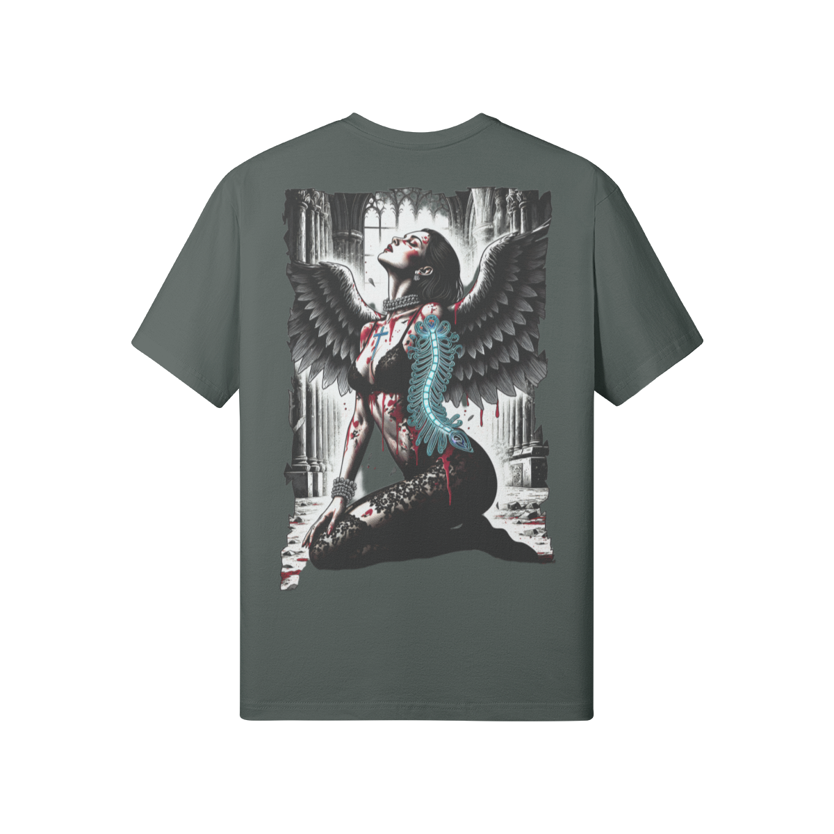 Misfit Mindset Cathedral Tee - Dark angel kneeling in gothic cathedral on black t-shirt
