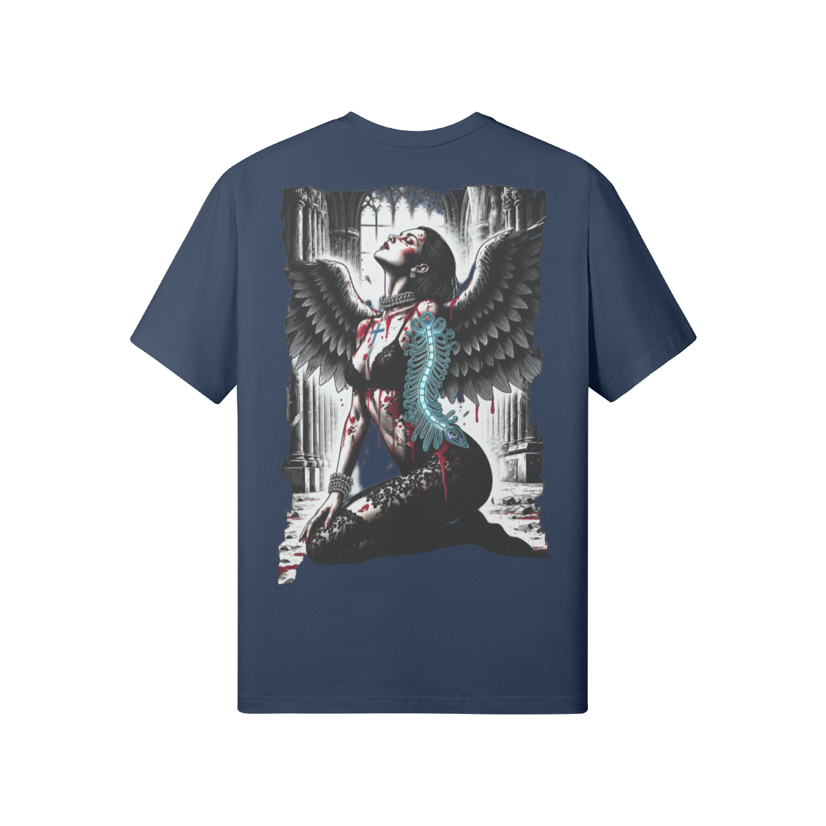 Misfit Mindset Cathedral Tee - Dark angel kneeling in gothic cathedral on black t-shirt
