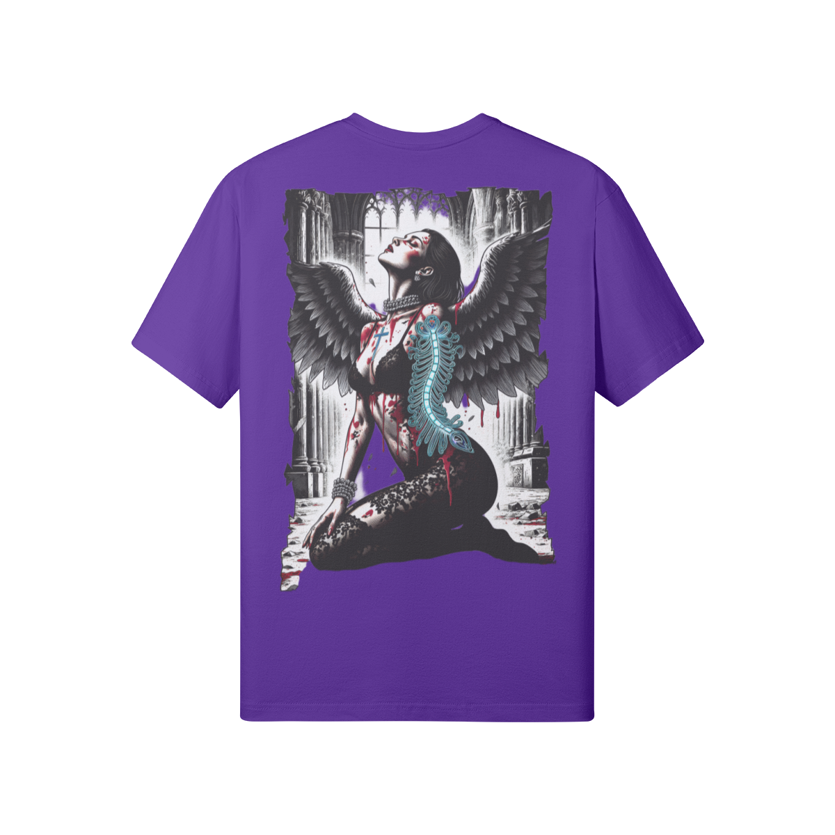 Misfit Mindset Cathedral Tee - Dark angel kneeling in gothic cathedral on black t-shirt
