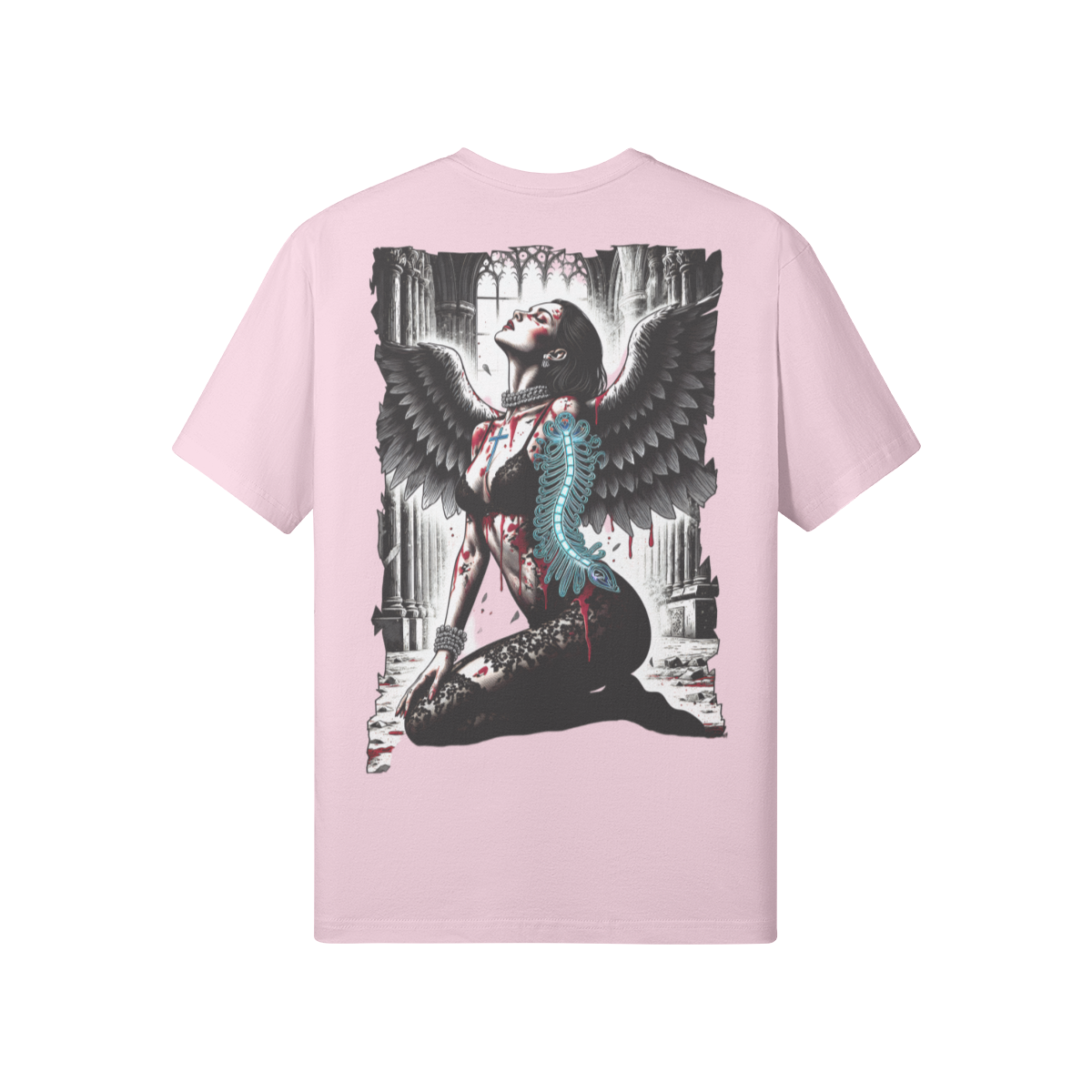 Misfit Mindset Cathedral Tee - Dark angel kneeling in gothic cathedral on black t-shirt