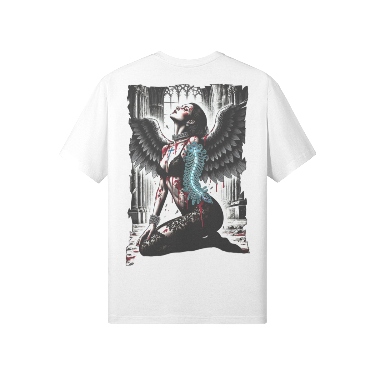 Misfit Mindset Cathedral Tee - Dark angel kneeling in gothic cathedral on black t-shirt