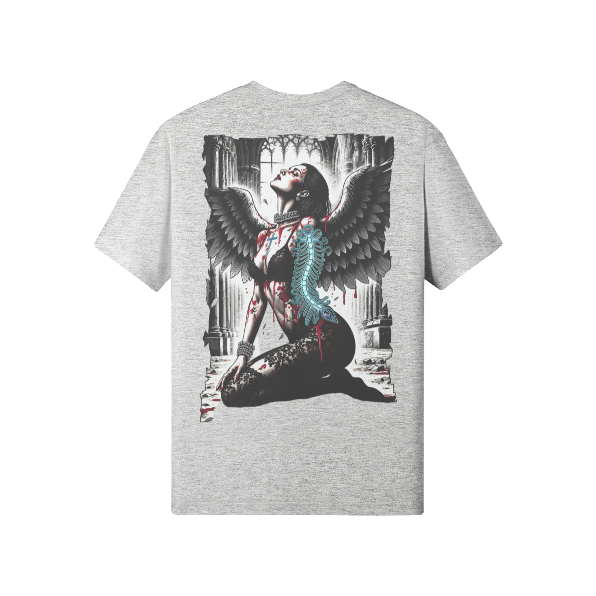Misfit Mindset Cathedral Tee - Dark angel kneeling in gothic cathedral on black t-shirt