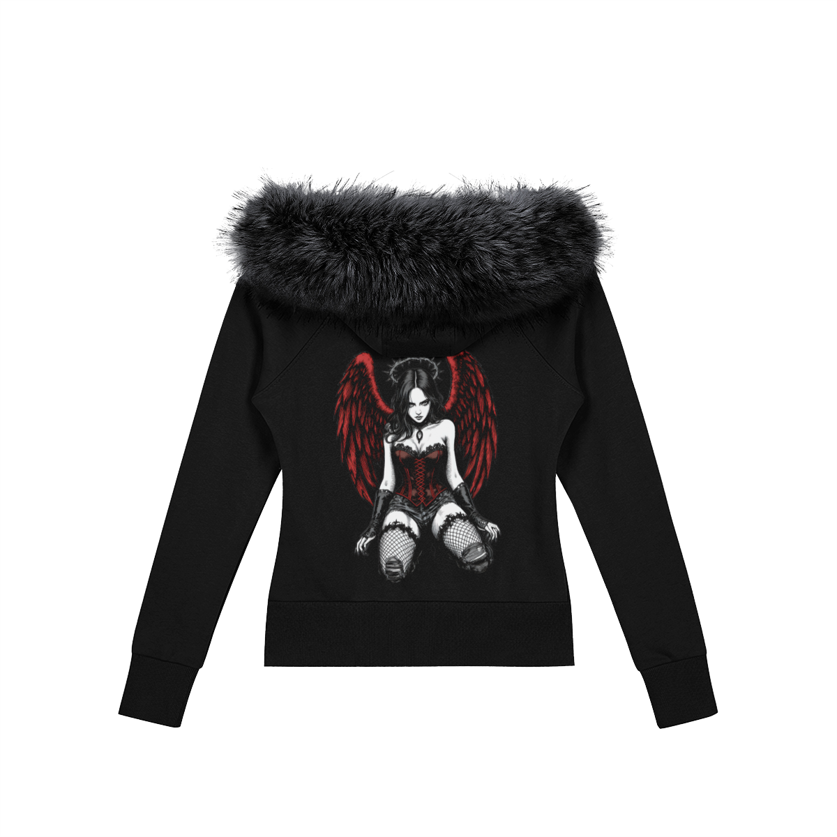Misfit Mindset Fallen Angel Hoodie - Gothic full-zip hoodie with fur-trimmed hood