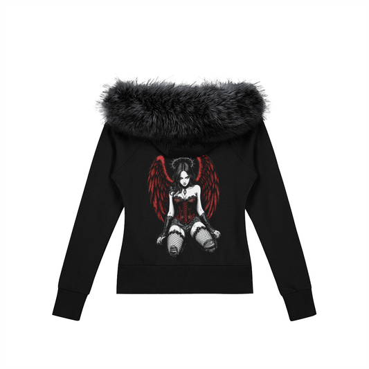 Misfit Mindset Fallen Angel Hoodie - Gothic full-zip hoodie with fur-trimmed hood