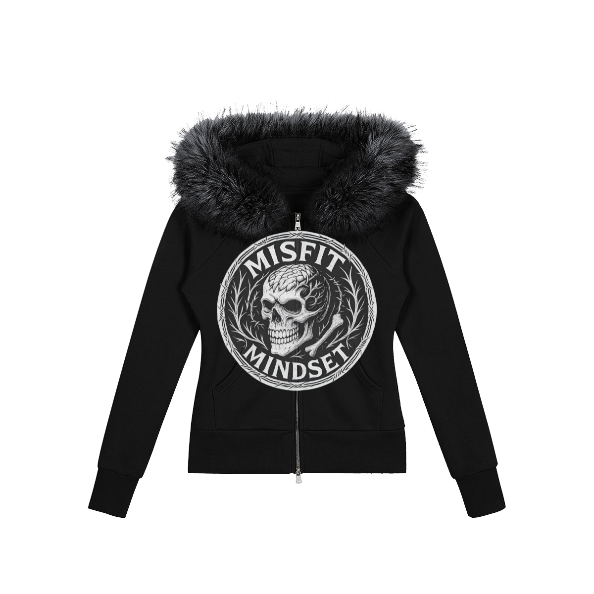 Misfit Mindset Fallen Angel Hoodie - Gothic full-zip hoodie with fur-trimmed hood