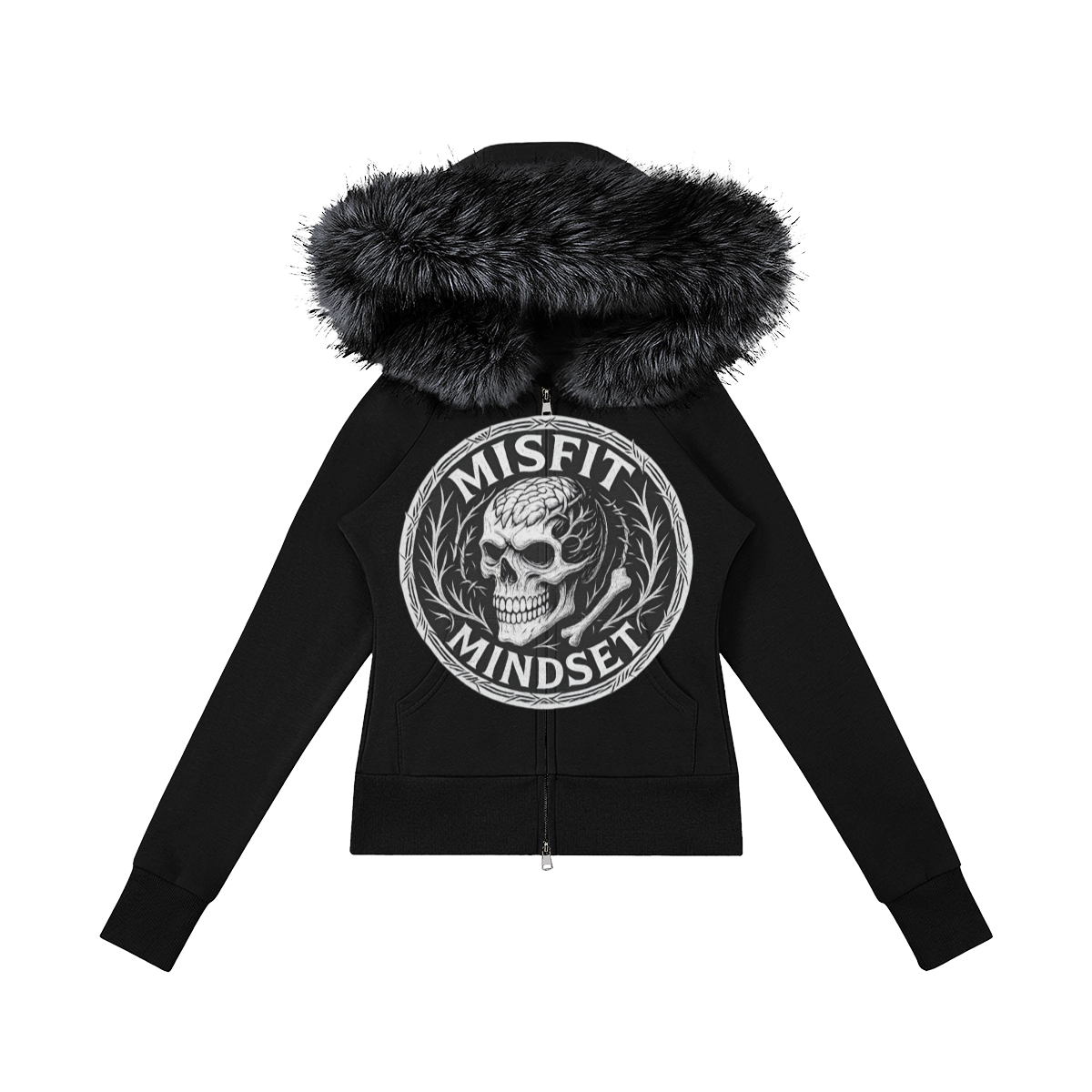 Misfit Mindset Fallen Angel Hoodie - Gothic full-zip hoodie with fur-trimmed hood