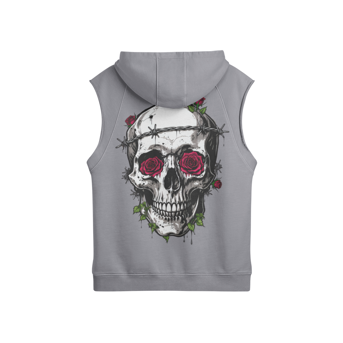 Misfit Mindset Bones and Bloom Sleeveless Hoodie - Gothic floral skull on sleeveless hoodie